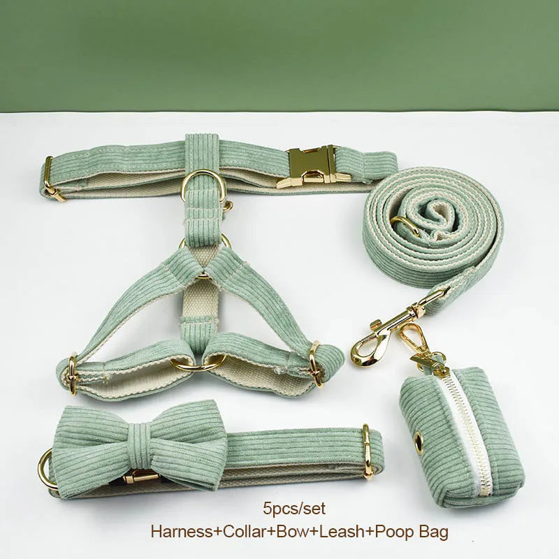 Light Green Corduroy Dog Collar And Leash Set For Dogs Custom Engraved Nameplate Pet Supplies Dog Leash Corduroy03