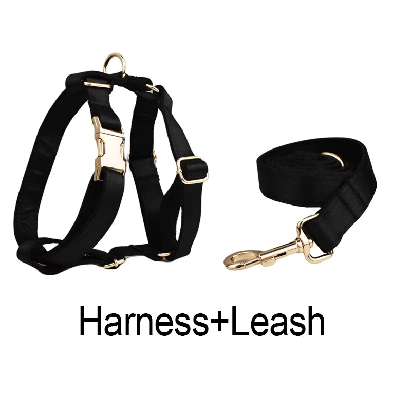 Pet Accessories Customized Designer Logo Luxury Silky Polyester Dog Collar Leashes Harness Bow Set Manufacturers Crystal03