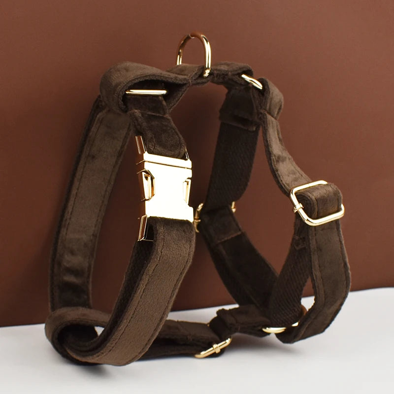 Dark Brown Velvet Dog Collar & Leash Set