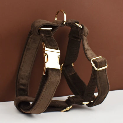 Dark Brown Velvet Dog Collar & Leash Set
