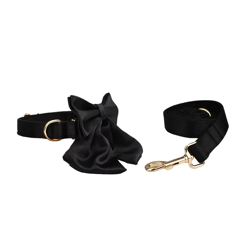 Pet Accessories Customized Designer Logo Luxury Silky Polyester Dog Collar Leashes Harness Bow Set Manufacturers Crystal03