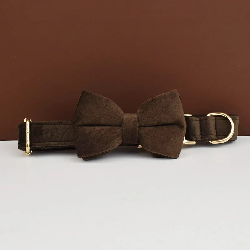 Dark Brown Velvet Dog Collar & Leash Set