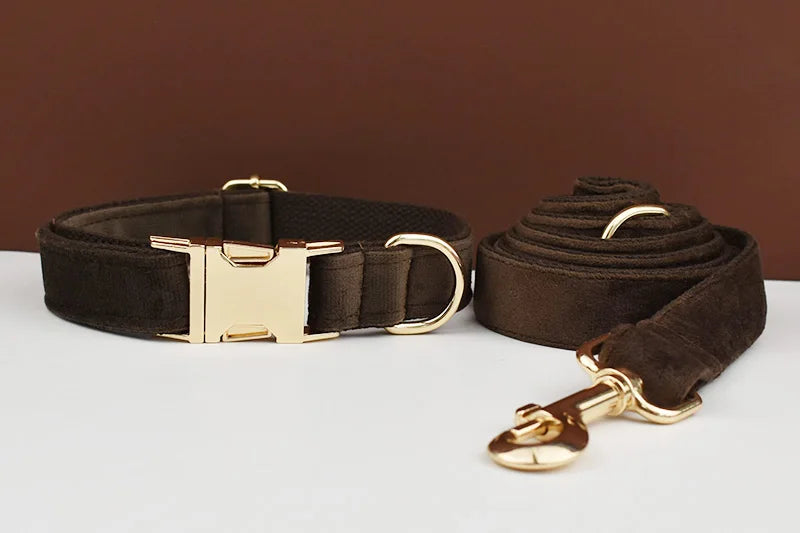 Dark Brown Velvet Dog Collar And Leash Set For Dogs Custom Engraved Nameplate Pet Supplies Dog Leash Velvet11