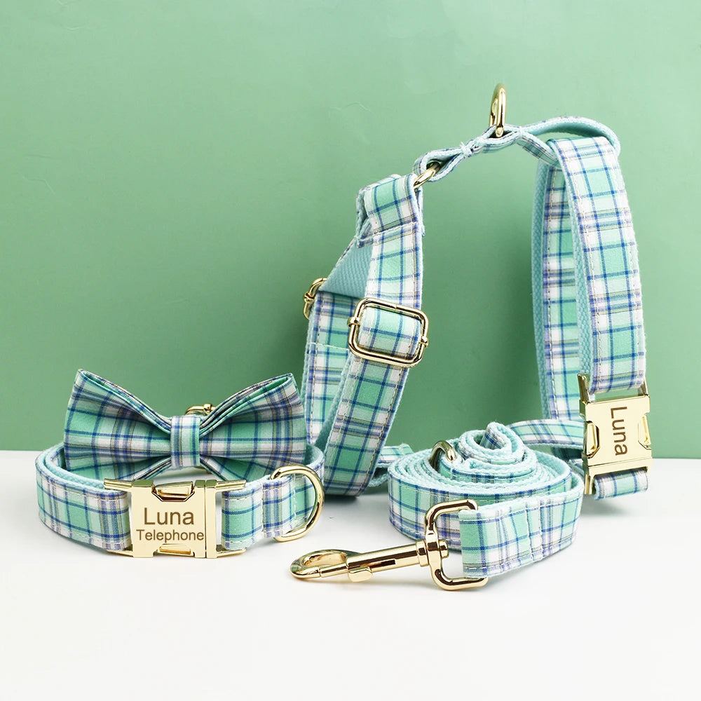 Water Green Plaid Dog Collar, Leash, and Harness Set