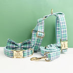 Lake Water Green Plaid Dog Collar And Dog Leash and Harness with Custom Engraved Nameplate Personalized Pet Supplies for Dogs