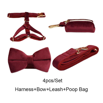 Red Wine Velvet Harness, Collar, and Leash Set
