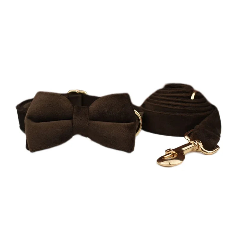 Dark Brown Velvet Dog Collar & Leash Set