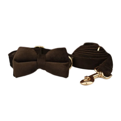 Dark Brown Velvet Dog Collar & Leash Set