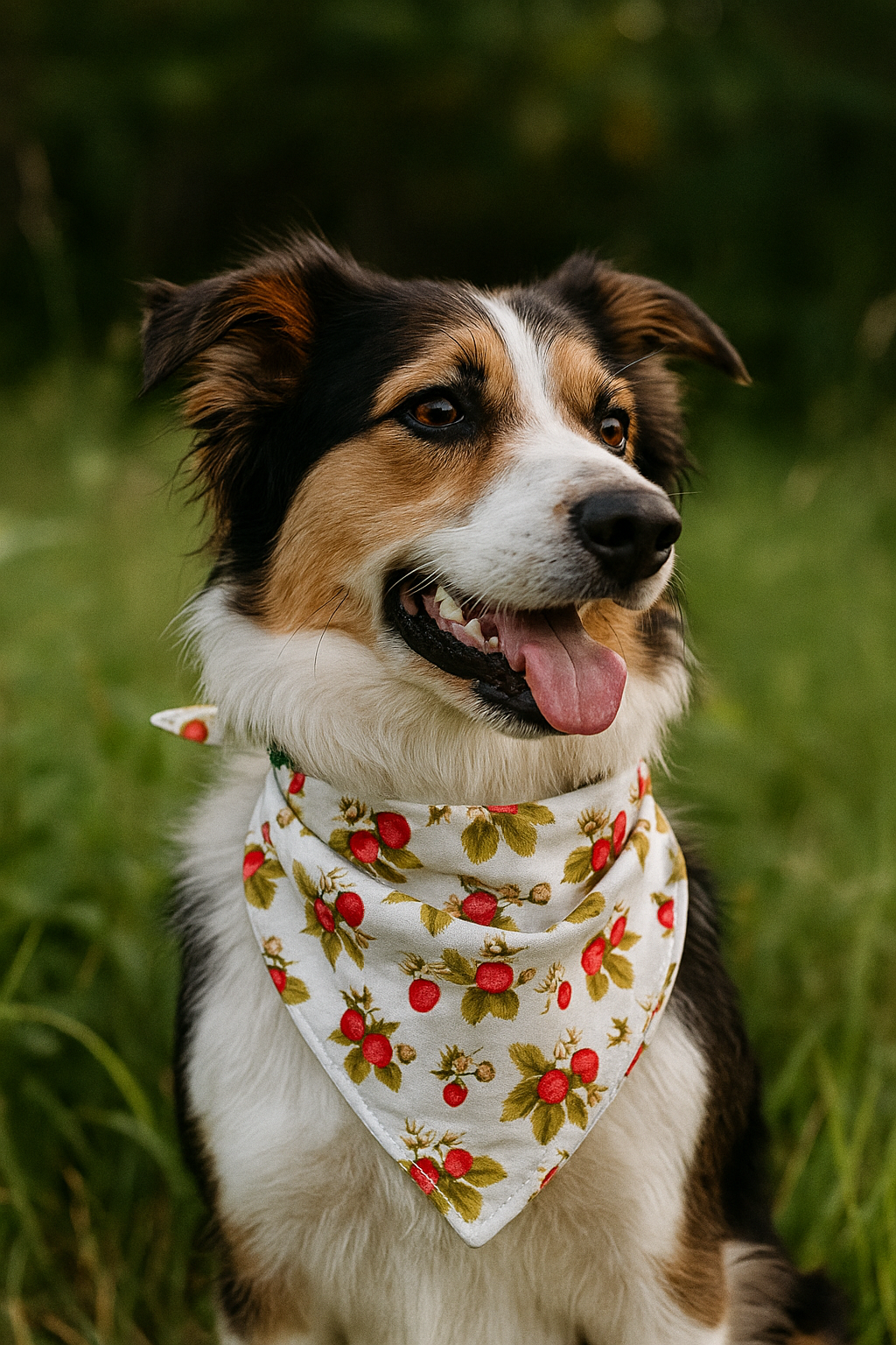 Strawberry Dog Bandana on dog — dog bandana close-up | Cutie Paw Co.