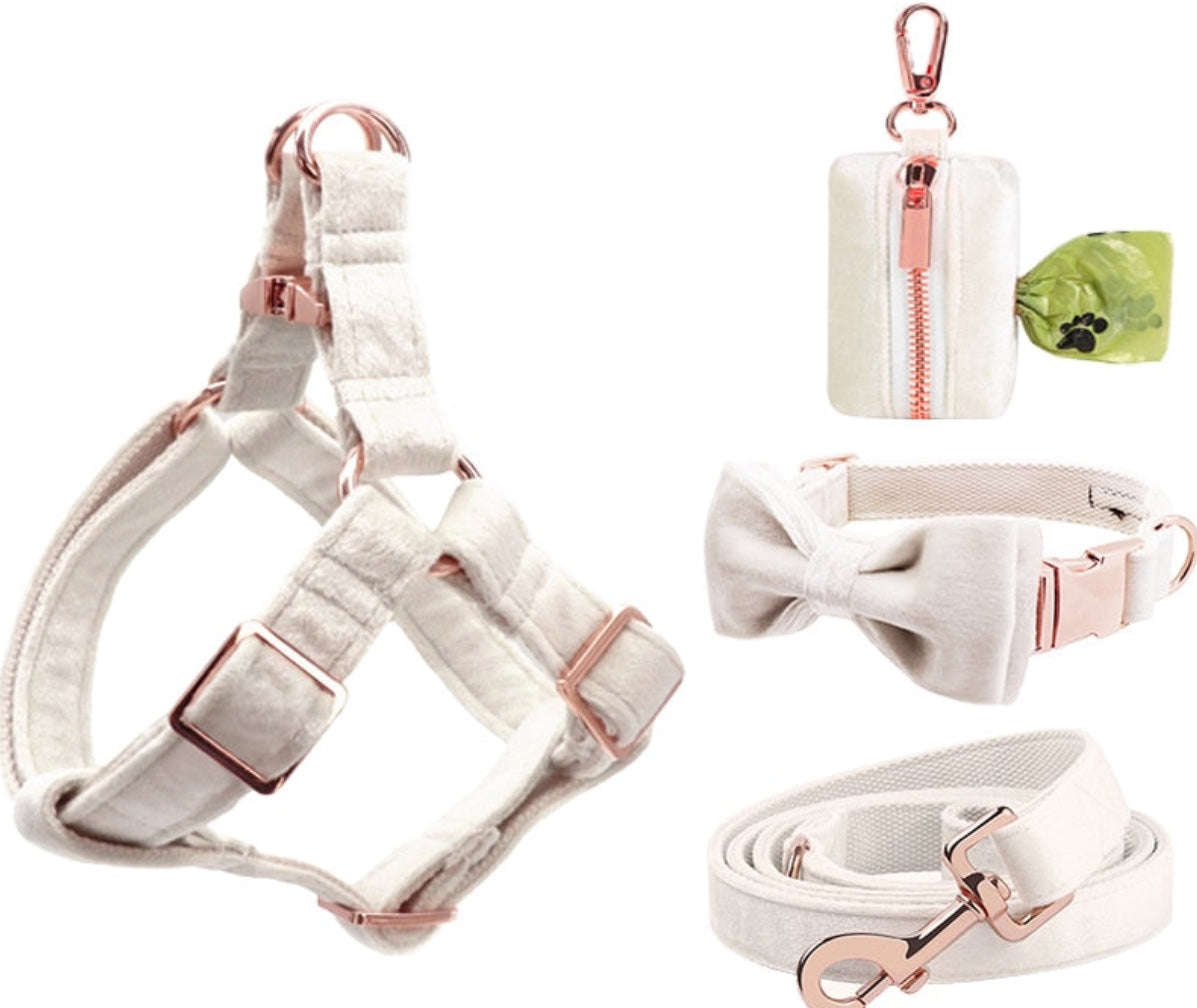 Grace Rose Gold Collar, Harness, Leash, Poop Bag, and Bow