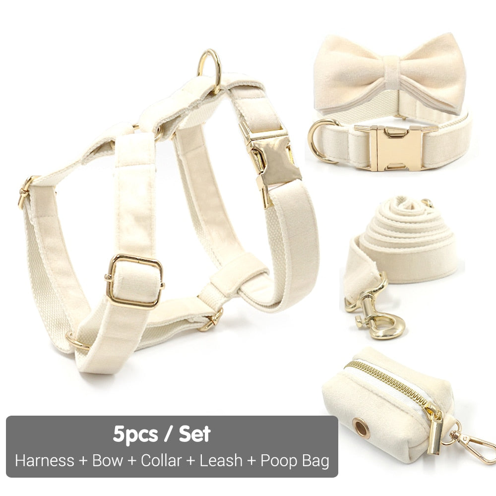 Soft White Velvet Collar, Harness, Bow/Bowtie, Leash, and Waste Bag Holder