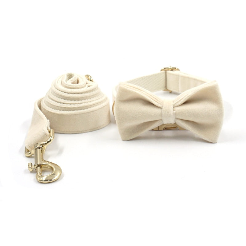 Soft White Velvet Collar, Harness, Bow/Bowtie, Leash, and Waste Bag Holder
