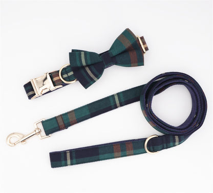 Claus Plaid Collar, Bow, and Leash - Festive Red and Green Plaid