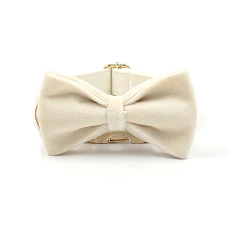 Soft White Velvet Collar, Harness, Bow/Bowtie, Leash, and Waste Bag Holder