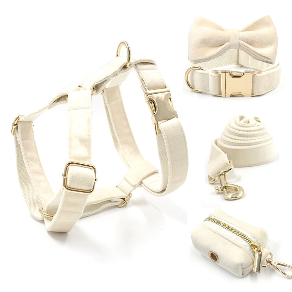 Soft White Velvet Collar, Harness, Bow/Bowtie, Leash, and Waste Bag Holder