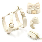 Soft White Velvet Collar, Harness, Bow/Bowtie, Leash, and Waste Bag Holder