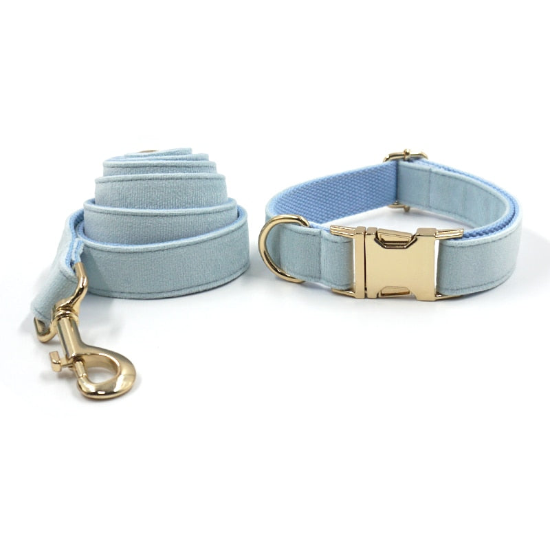Bubbly Blue Velvet Collar, Harness, Bow/Bowtie, Leash, and Waste Bag Holder