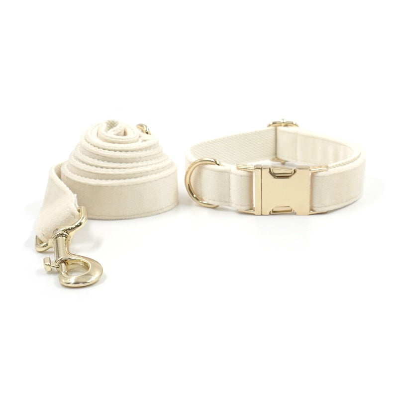 Soft White Velvet Collar, Harness, Bow/Bowtie, Leash, and Waste Bag Holder