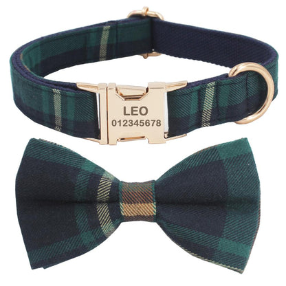 Claus Plaid Collar, Bow, and Leash - Festive Red and Green Plaid