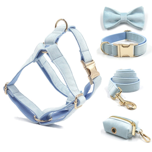 Bubbly Blue Velvet Collar, Harness, Bow/Bowtie, Leash, and Waste Bag Holder