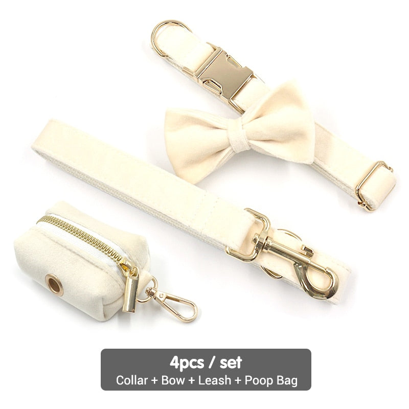Soft White Velvet Collar, Harness, Bow/Bowtie, Leash, and Waste Bag Holder