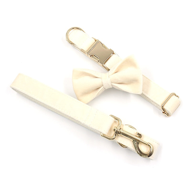 Soft White Velvet Collar, Harness, Bow/Bowtie, Leash, and Waste Bag Holder