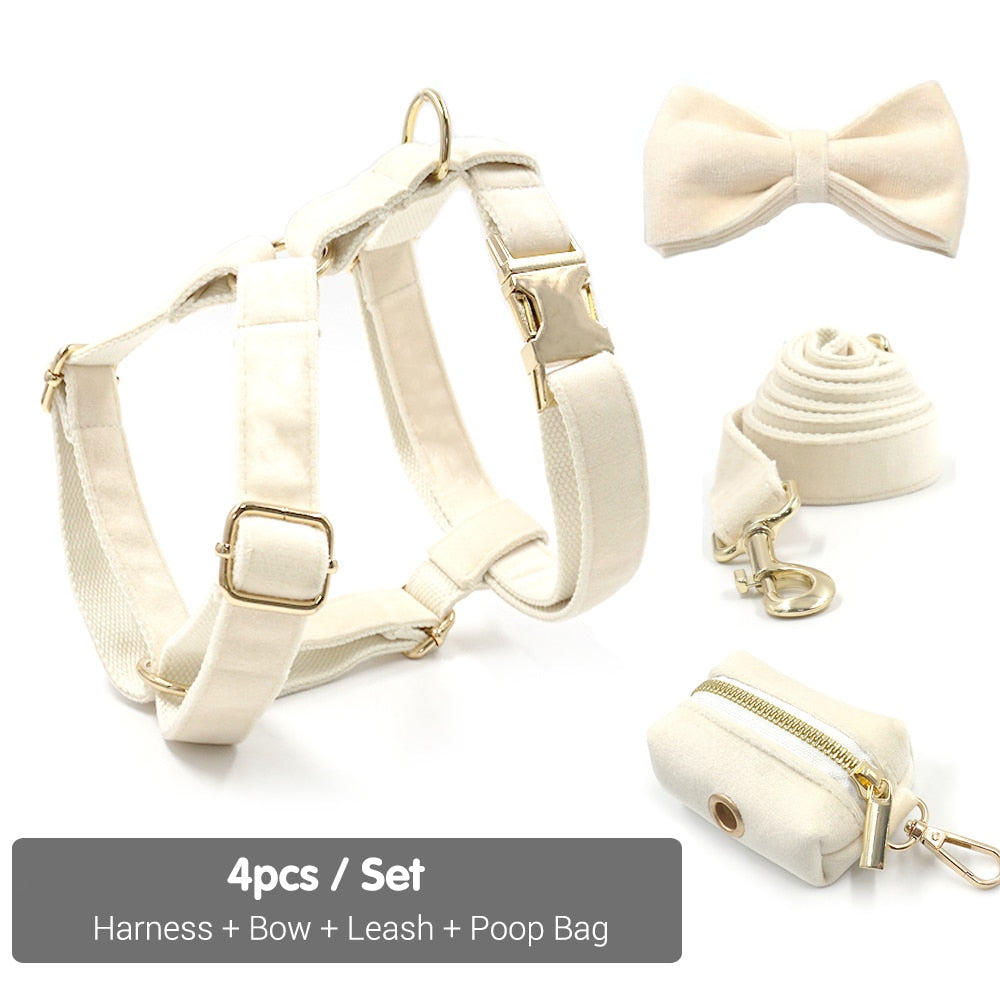 Soft White Velvet Collar, Harness, Bow/Bowtie, Leash, and Waste Bag Holder