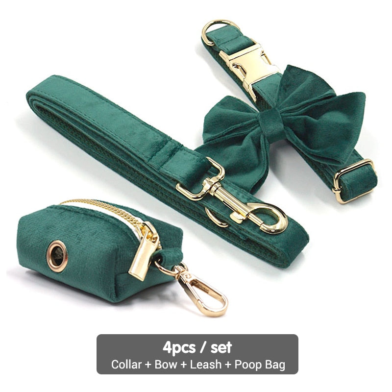 Kelly Green Velvet Collar, Harness, Bow/Bowtie, Leash, and Waste Bag Holder