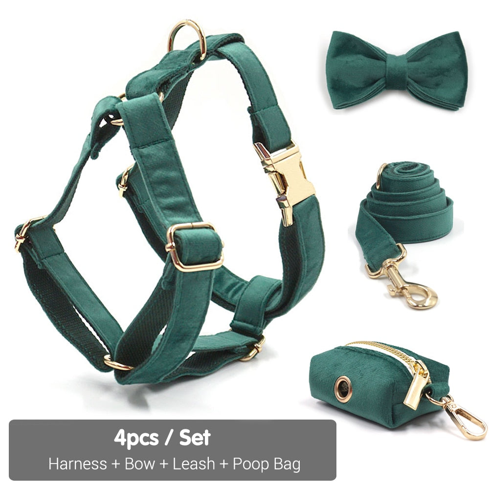 Kelly Green Velvet Collar, Harness, Bow/Bowtie, Leash, and Waste Bag Holder