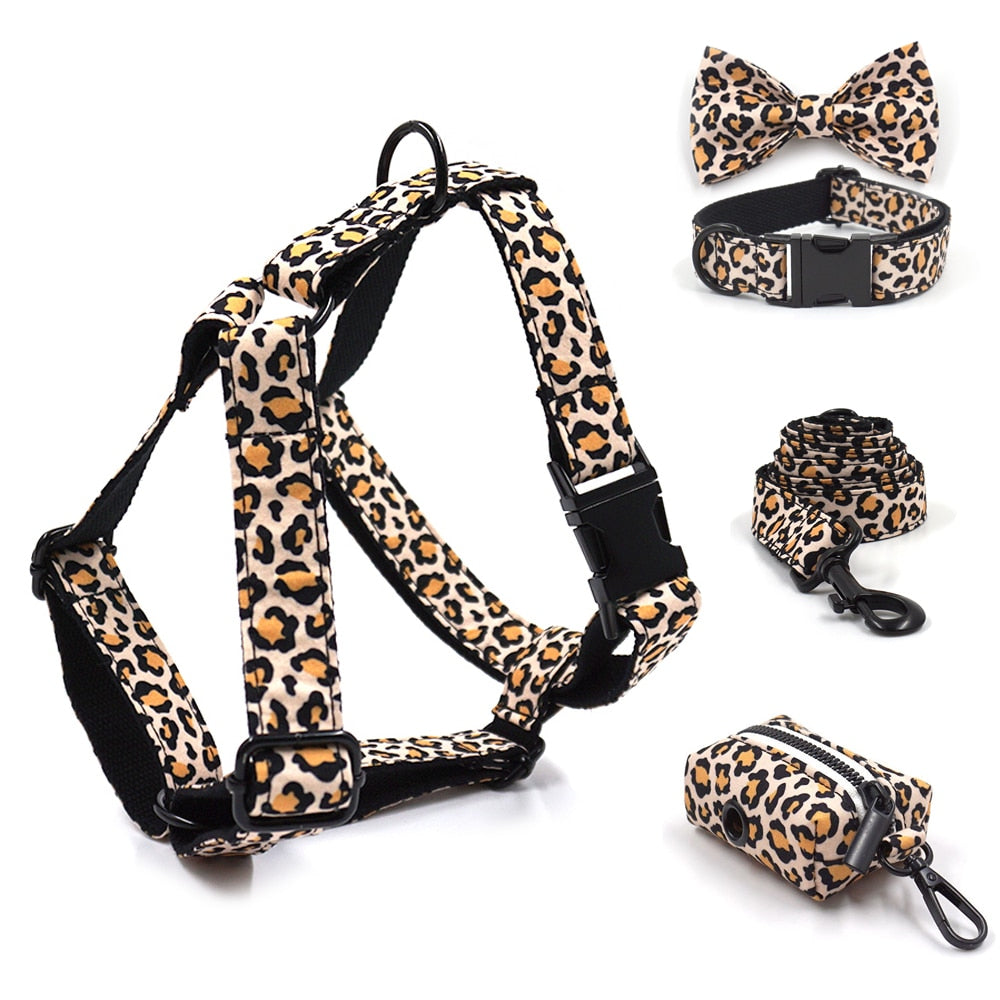 Leaping Leopard Collar, Bow/Bowtie, Leash, Harness, and Waste Bag Holder