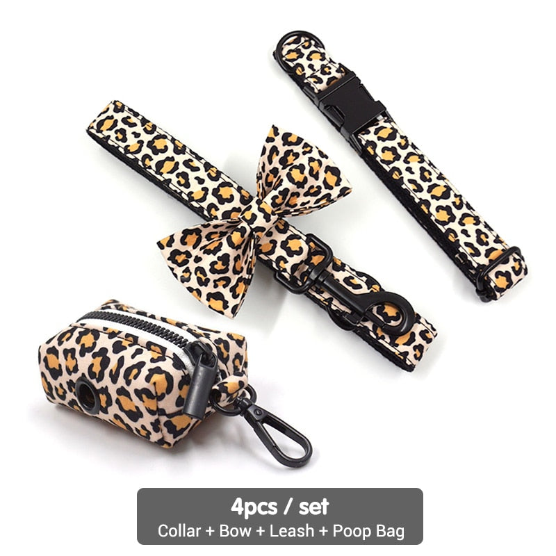 Leaping Leopard Collar, Bow/Bowtie, Leash, Harness, and Waste Bag Holder