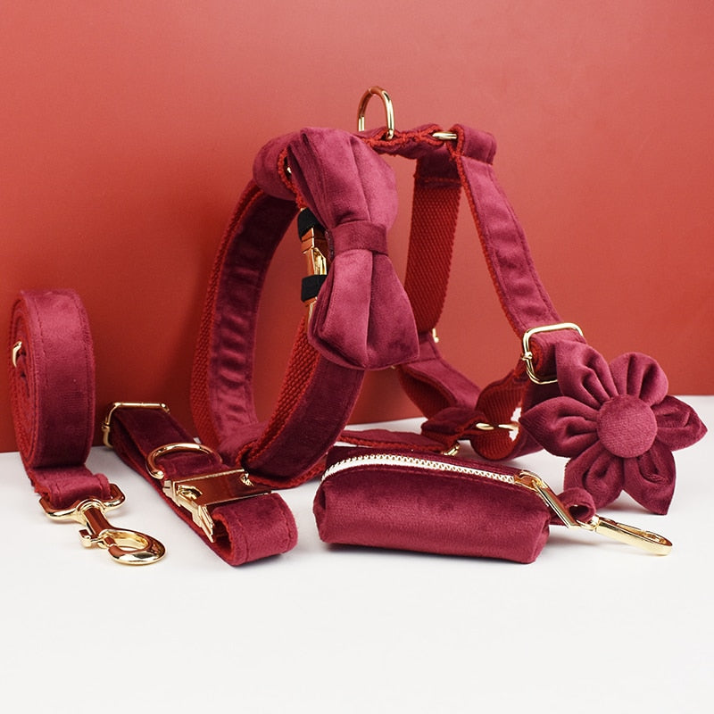Red Wine Velvet Harness, Collar, and Leash Set