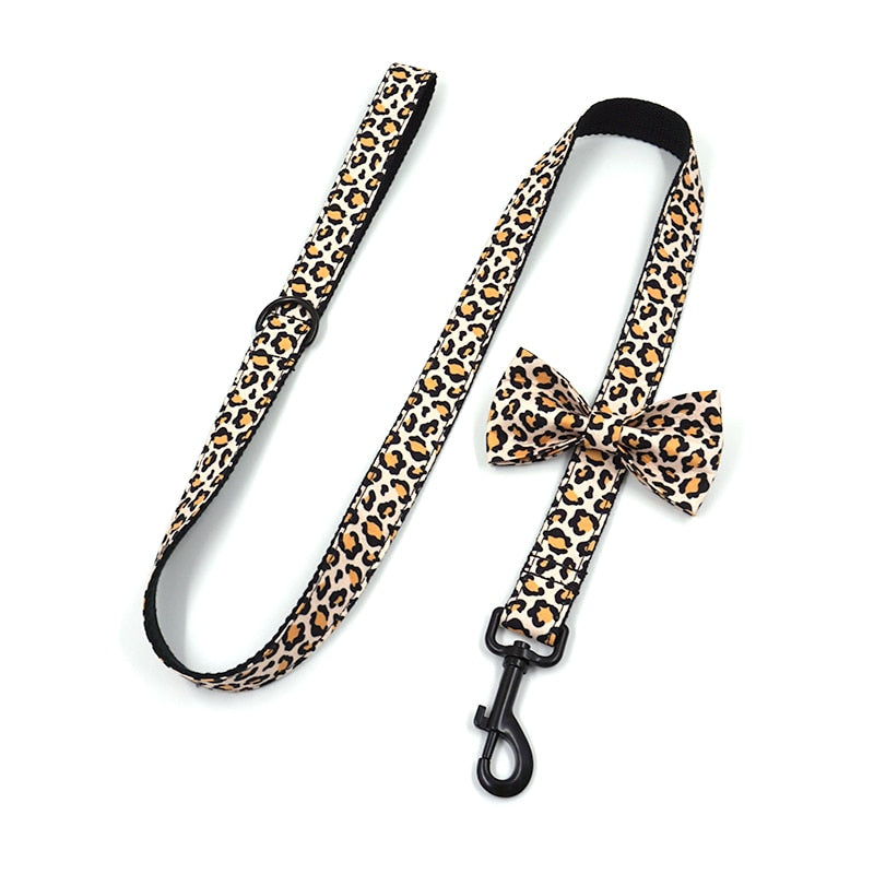 Leaping Leopard Collar, Bow/Bowtie, Leash, Harness, and Waste Bag Holder