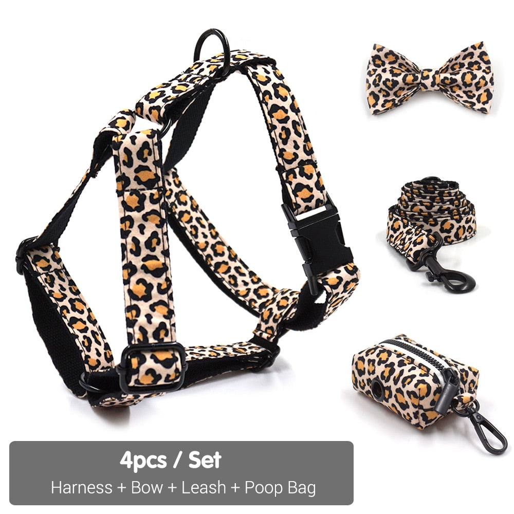 Leaping Leopard Collar, Bow/Bowtie, Leash, Harness, and Waste Bag Holder