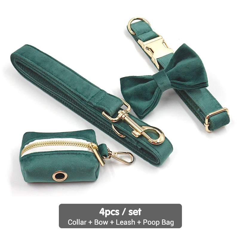 Kelly Green Velvet Collar, Harness, Bow/Bowtie, Leash, and Waste Bag Holder