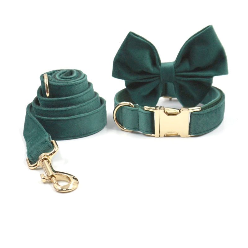 Kelly Green Velvet Collar, Harness, Bow/Bowtie, Leash, and Waste Bag Holder