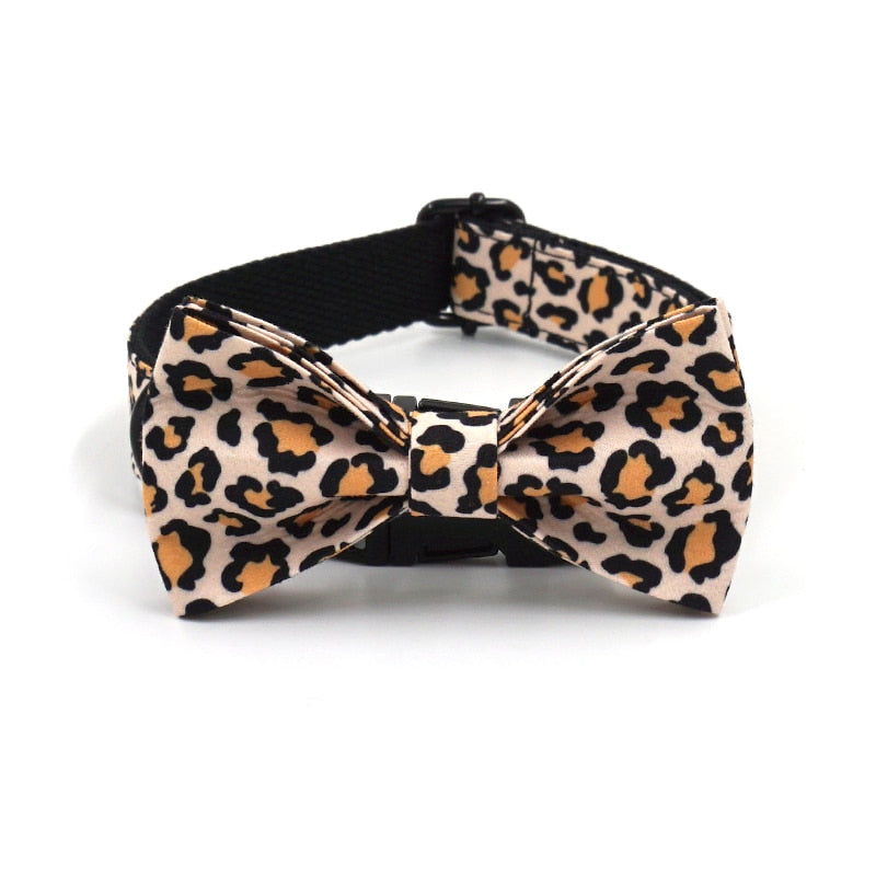 Leaping Leopard Collar, Bow/Bowtie, Leash, Harness, and Waste Bag Holder