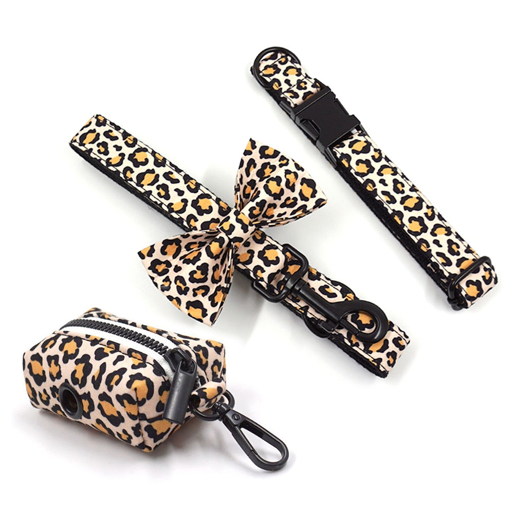 Leaping Leopard Collar, Bow/Bowtie, Leash, Harness, and Waste Bag Holder