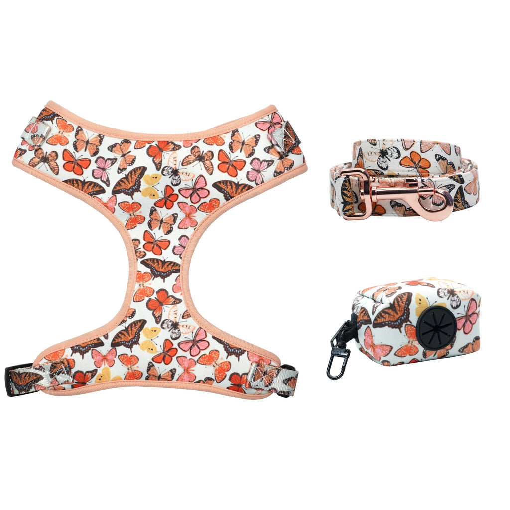 Mariposa Collar, Harness, Leash, Bow, Flower, Bandana, and Waste Bag Holder