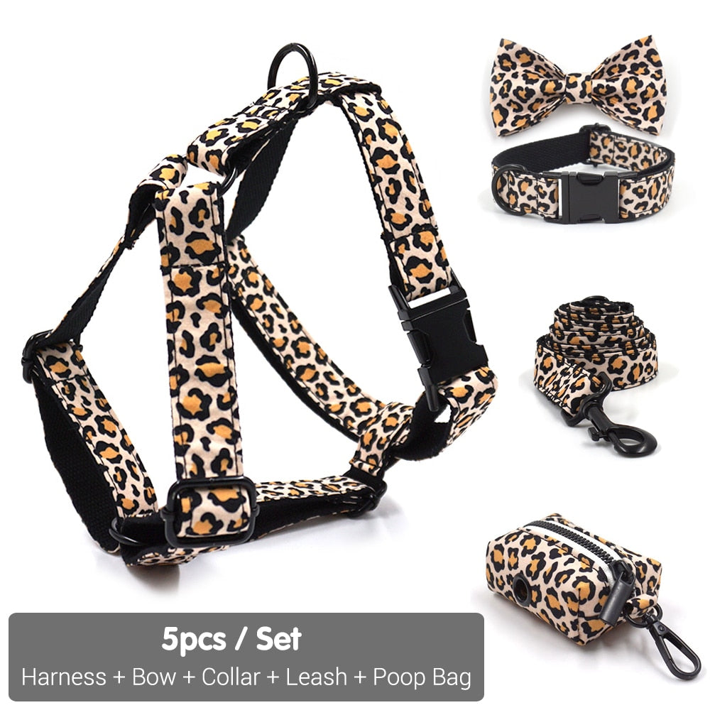 Leaping Leopard Collar, Bow/Bowtie, Leash, Harness, and Waste Bag Holder