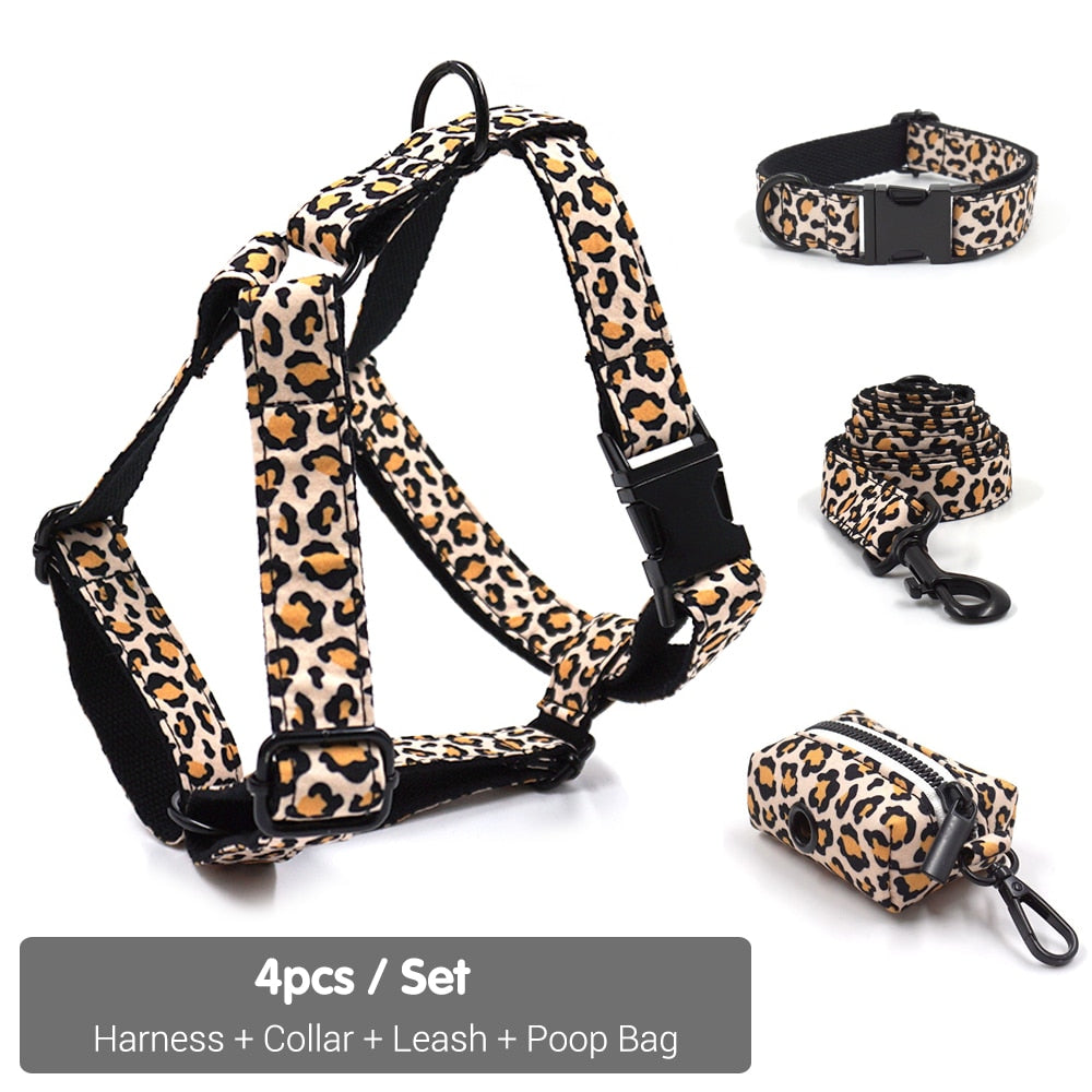 Leaping Leopard Collar, Bow/Bowtie, Leash, Harness, and Waste Bag Holder