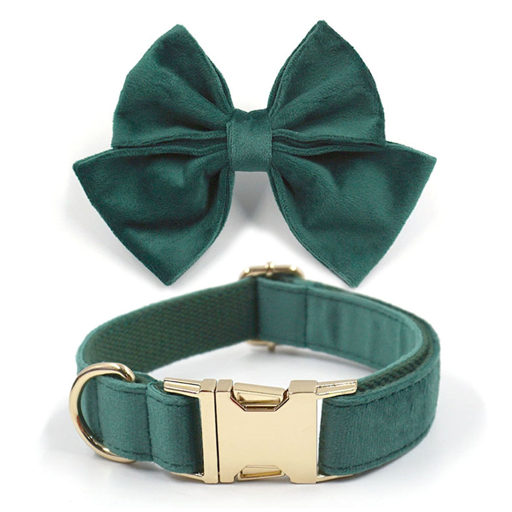 Kelly Green Velvet Collar, Harness, Bow/Bowtie, Leash, and Waste Bag Holder