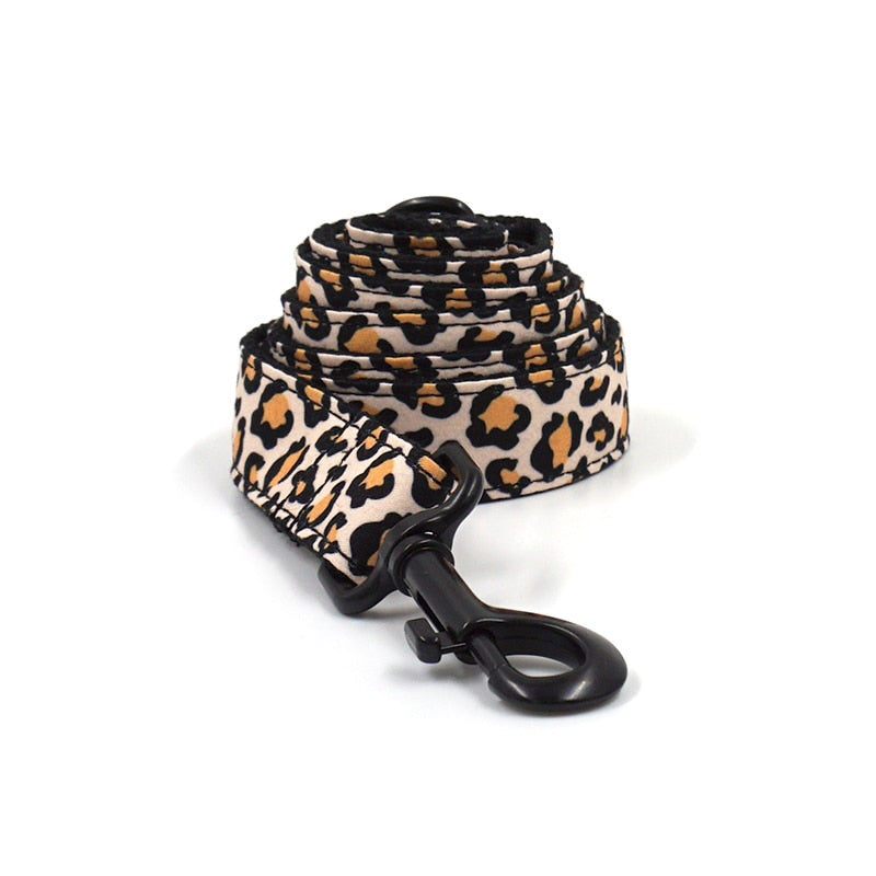 Leaping Leopard Collar, Bow/Bowtie, Leash, Harness, and Waste Bag Holder