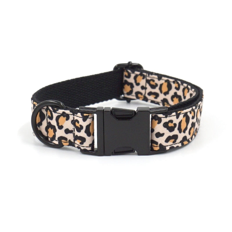 Leaping Leopard Collar, Bow/Bowtie, Leash, Harness, and Waste Bag Holder