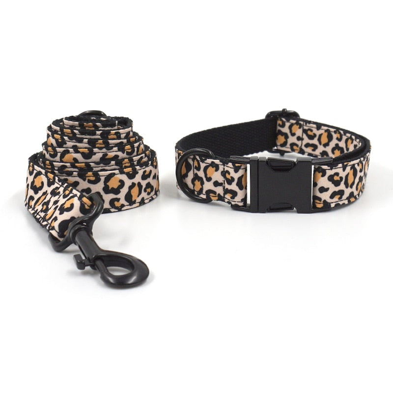 Leaping Leopard Collar, Bow/Bowtie, Leash, Harness, and Waste Bag Holder