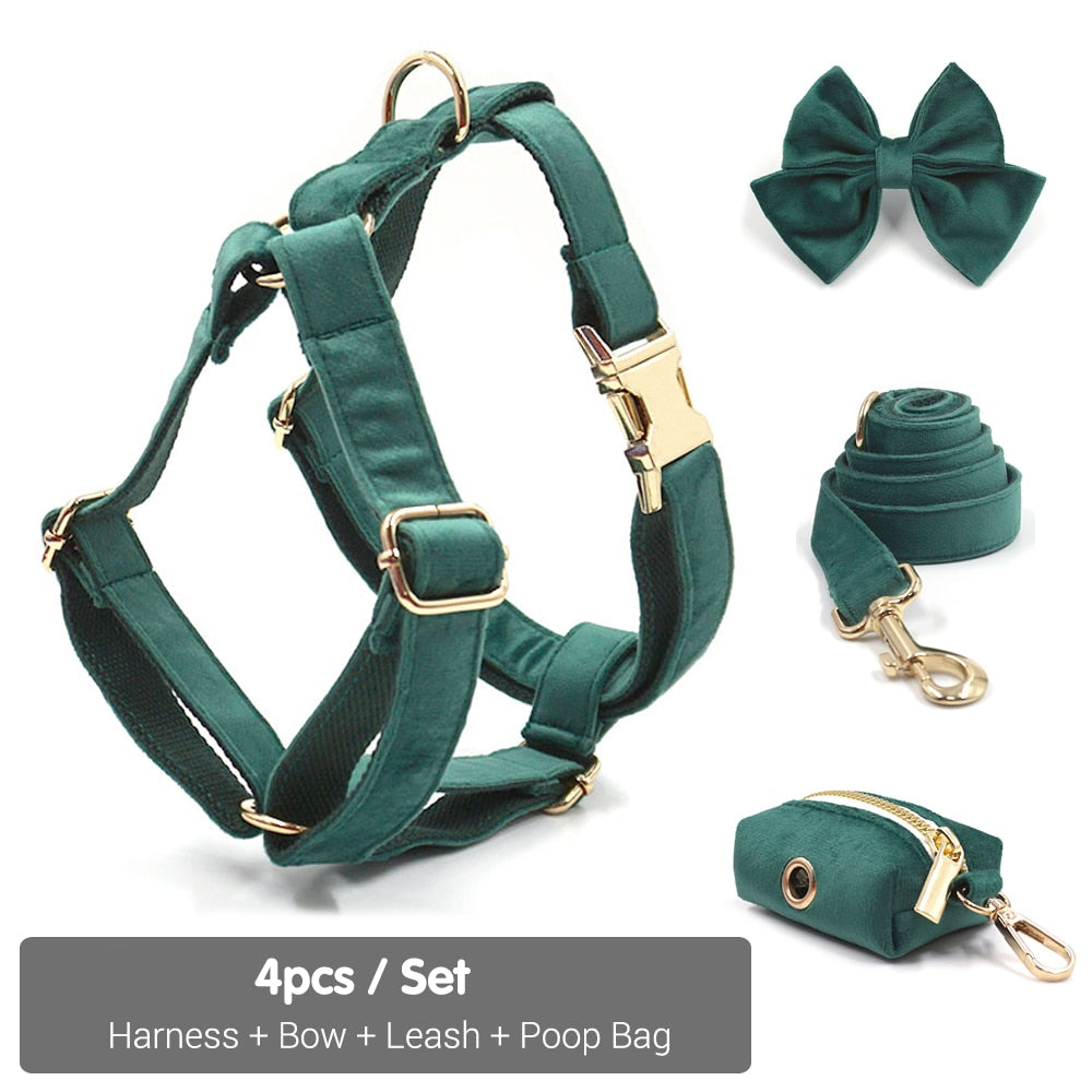 Kelly Green Velvet Collar, Harness, Bow/Bowtie, Leash, and Waste Bag Holder