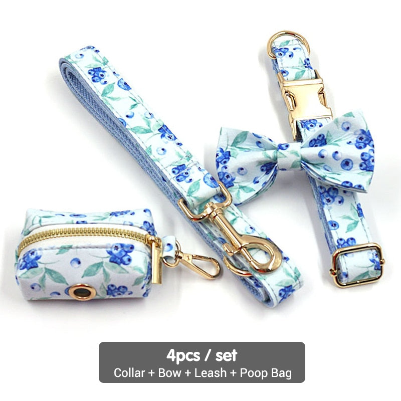 Bella Blueberry Collar, Harness, Leash, Bow, and Waste Bag Holder