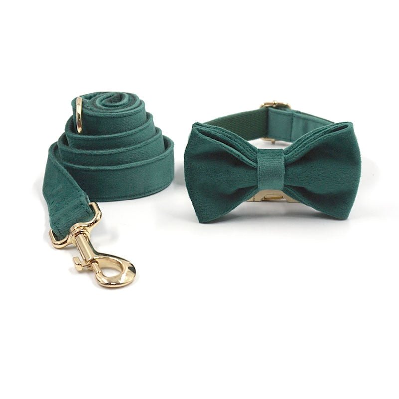 Kelly Green Velvet Collar, Harness, Bow/Bowtie, Leash, and Waste Bag Holder