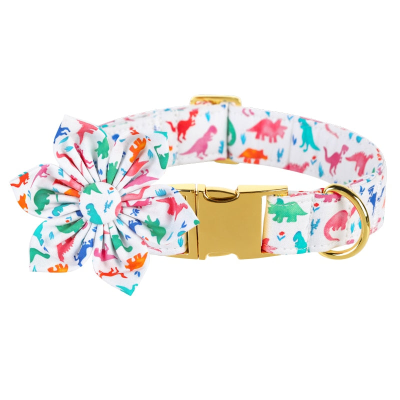 Colorful Dino Collar Bow Tie, Leash, and Flower