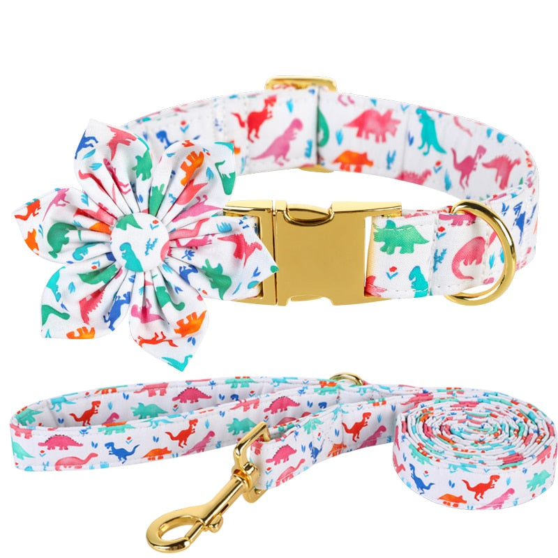 Colorful Dino Collar Bow Tie, Leash, and Flower